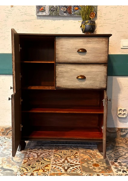 El Boyaması Vintage Çekmeceli Raflı Dolap fırsatları