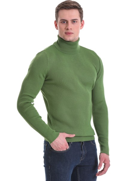 Yeşil Slim Fit Fitilli Balıkçı Yaka Yünlü Triko Kazak