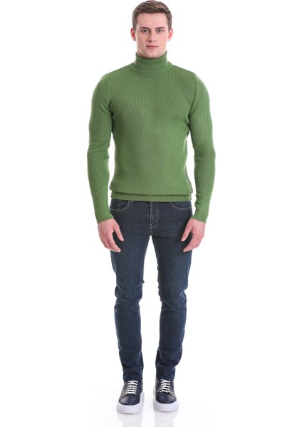 Yeşil Slim Fit Fitilli Balıkçı Yaka Yünlü Triko Kazak