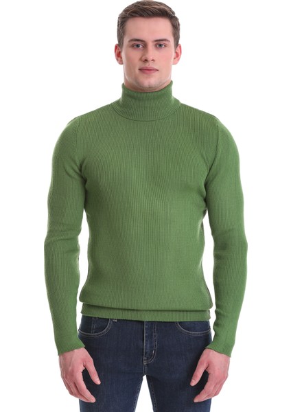 Yeşil Slim Fit Fitilli Balıkçı Yaka Yünlü Triko Kazak