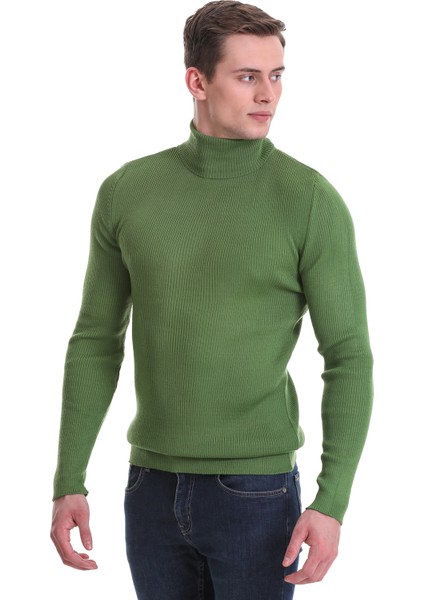 Yeşil Slim Fit Fitilli Balıkçı Yaka Yünlü Triko Kazak