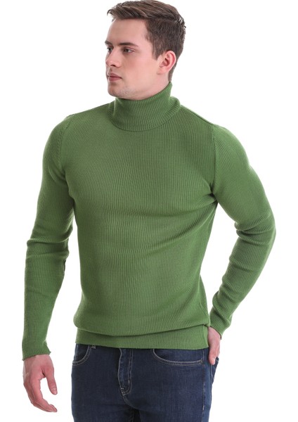 Yeşil Slim Fit Fitilli Balıkçı Yaka Yünlü Triko Kazak