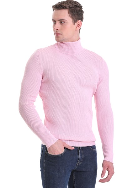 Pembe Slim Fit Fitilli Balıkçı Yaka Yünlü Triko Kazak