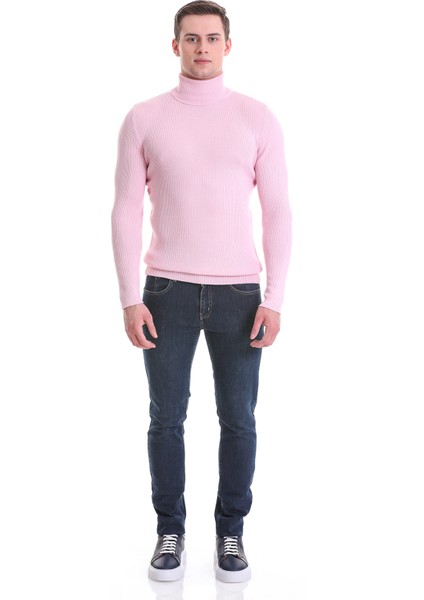 Pembe Slim Fit Fitilli Balıkçı Yaka Yünlü Triko Kazak