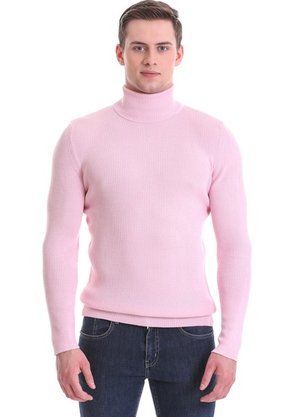 Pembe Slim Fit Fitilli Balıkçı Yaka Yünlü Triko Kazak