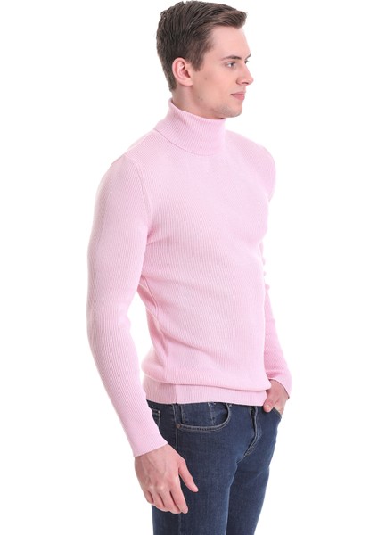 Pembe Slim Fit Fitilli Balıkçı Yaka Yünlü Triko Kazak