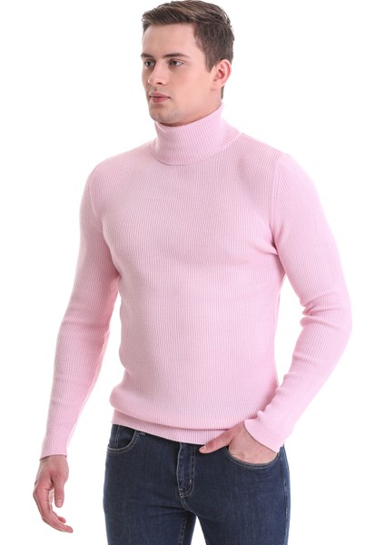 Pembe Slim Fit Fitilli Balıkçı Yaka Yünlü Triko Kazak