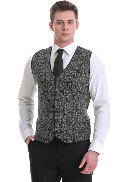 Siyah Regular Fit Desenli Yünlü Triko Yelek