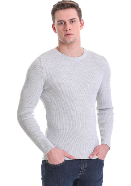 Gri Slim Fit Fitilli Bisiklet Yaka Yünlü Triko Kazak