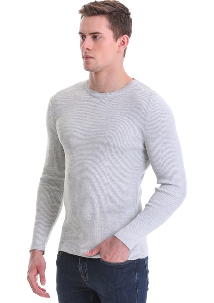 Gri Slim Fit Fitilli Bisiklet Yaka Yünlü Triko Kazak fırsatları