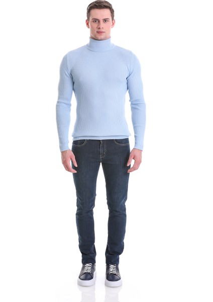 Mavi Slim Fit Fitilli Balıkçı Yaka Yünlü Triko Kazak
