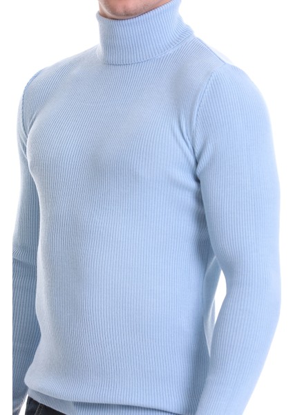 Mavi Slim Fit Fitilli Balıkçı Yaka Yünlü Triko Kazak