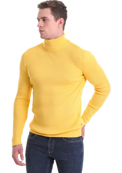 Sarı Slim Fit Fitilli Balıkçı Yaka Yünlü Triko Kazak