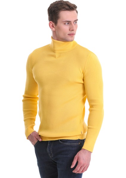 Sarı Slim Fit Fitilli Balıkçı Yaka Yünlü Triko Kazak