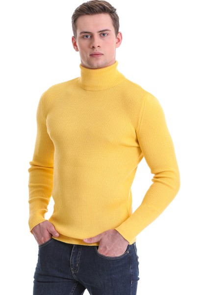 Sarı Slim Fit Fitilli Balıkçı Yaka Yünlü Triko Kazak