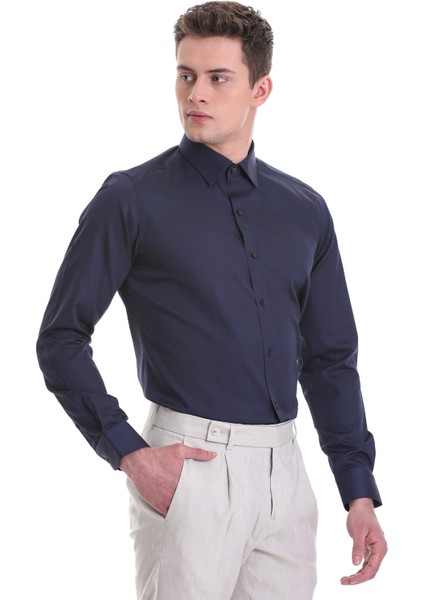Lacivert Slim Fit Düz 100% Pamuklu Slim Yaka Uzun Kollu Casual Saten Gömlek
