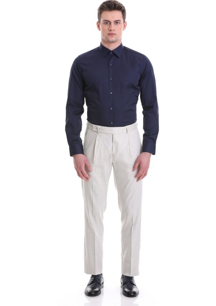Lacivert Slim Fit Düz 100% Pamuklu Slim Yaka Uzun Kollu Casual Saten Gömlek