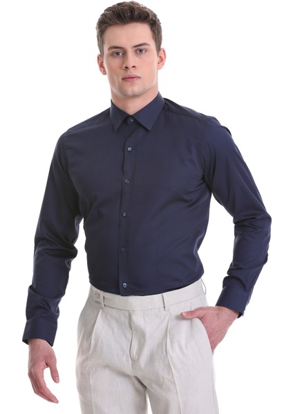 Lacivert Slim Fit Düz 100% Pamuklu Slim Yaka Uzun Kollu Casual Saten Gömlek