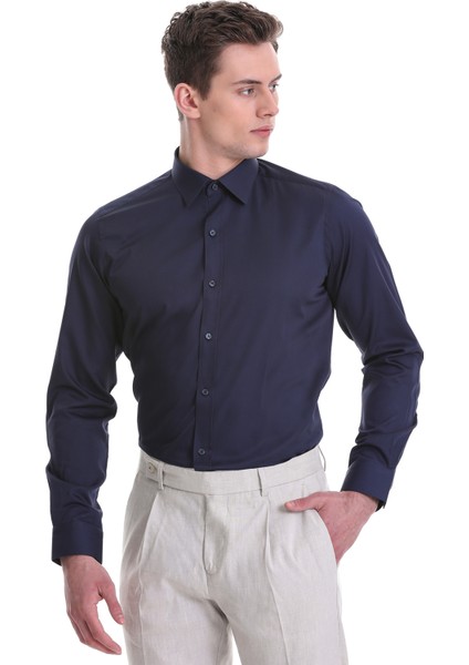 Lacivert Slim Fit Düz 100% Pamuklu Slim Yaka Uzun Kollu Casual Saten Gömlek