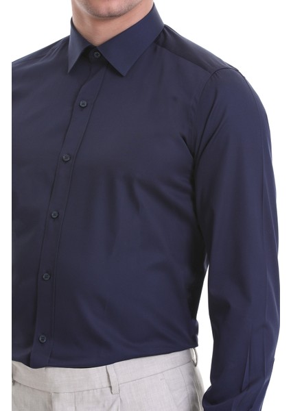 Lacivert Slim Fit Düz 100% Pamuklu Slim Yaka Uzun Kollu Casual Saten Gömlek