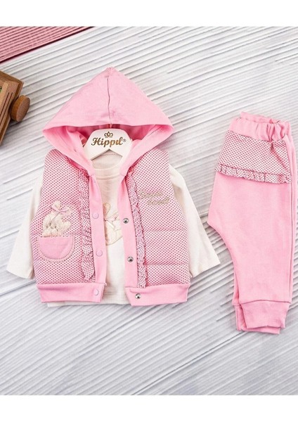 Kız Çocuk Pudra Pembe Yelekli 3'lü Tarz Takım