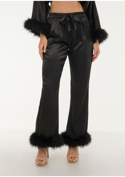 Siyah Saten Marabou Tüy Detaylı Ispanyol Paça Pantolon