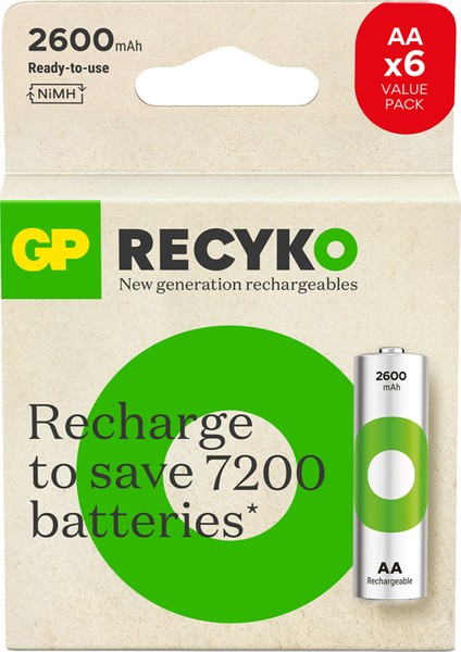 GP Batteries Gp Recyko 2600MAH Aa Kalem Ni-Mh Şarjlı Pil 1.2 Volt 6'lı Kart