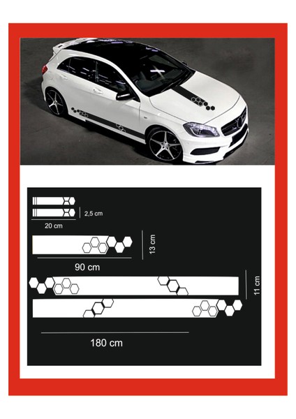 Oto Kaput-Marşpiyel-Yan Ayna Sticker 5 Li Set 180*10*1,5-90*13 cm