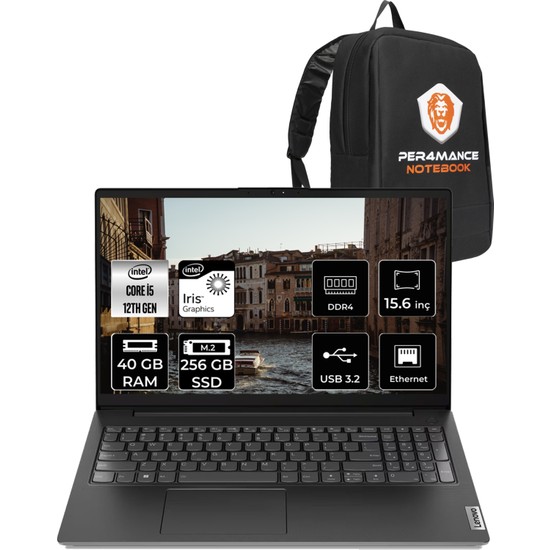 Lenovo V15 Intel Core I5 1235U 40GB 256GB SSD Freedos 15.6" Fhd Taşınabilir Bilgisayar 82TT00A5TX049 & Per4 Çanta