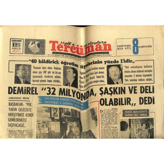 Gökçe Koleksiyon Tercüman Gazetesi 12 Temmuz 1967 Nuri Fiyatı