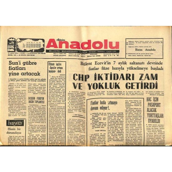 Gökçe Koleksiyon Bizim Anadolu Gazetesi 11 Ekim 1974 - Fiyatı