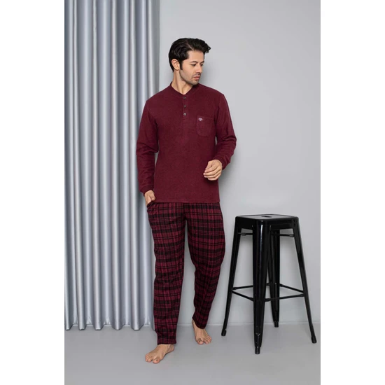 Bie's Erkek 3 Düğme Uzun Kol Göğüs Cepli Selanik Kumaş Kışlık Cepli Pijama Takımı