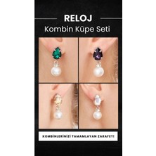 Furtek Aksesuar Kadın Reloj Model 4 Renk Gümüş Kaplama Abiye Elbise Kombin Günlük Zirkon Taşlı Incili Küpe Seti