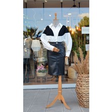 ModaFia Siyah Gold Düğmeli Midi Deri Etek