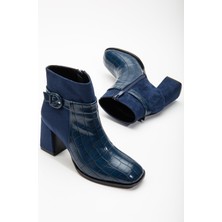 Dilimler Ayakkabı Süet Ve Kroko Deri Lacivert Kadın Kalın Topuklu Bot