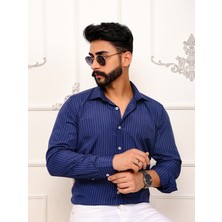 Akşahin Collection LACİVERT BEYAZ ÇİZGİLİ SLİM FİT DÖRT MEVSİM HEDİYE KUTULU UZUN KOLLU KLASİK ERKEK GÖMLEK