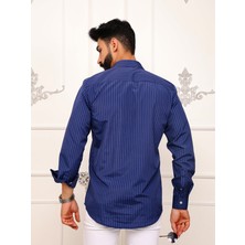 Akşahin Collection LACİVERT BEYAZ ÇİZGİLİ SLİM FİT DÖRT MEVSİM HEDİYE KUTULU UZUN KOLLU KLASİK ERKEK GÖMLEK