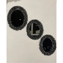 Peramari Dekoratif Polyester Üçlü Otantik Çiçek Desenli Ayna Takımı Gümüş Siyah Eskitme