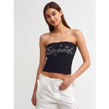 Dilvin 20668 Taş Baskılı Crop Top-Siyah