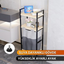 Bino Çamaşır Sepeti Ahşap Raflı Kirli Sepeti 2 Katlı Büyük Boy Kapaklı Çok Amaçlı Banyo Düzenleyici