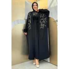 Bym Fashion İşleme Detaylı Abaya ve Elbise Takım 8486 Siyah