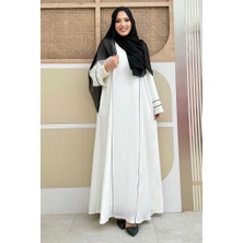 Bym Fashion Çizgi Detaylı Boydan Fermuarlı Tam Boy Ferace 6011 Ekru