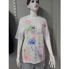 keyymod Beyaz Oversize Zara Nakışlı Tişört