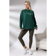 Endies Nakışlı Yırtmaçlı Uzun Sweatshirt 21173 Koyu Yeşil