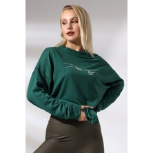 Endies Nakışlı Yırtmaçlı Uzun Sweatshirt 21173 Koyu Yeşil