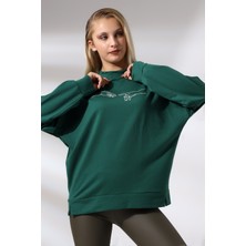 Endies Nakışlı Yırtmaçlı Uzun Sweatshirt 21173 Koyu Yeşil