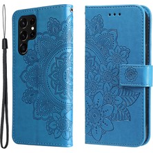 Seashell Digital Çift Taraflı Toka Telefon Kasası Baskı Çiçek Deseni Pu Deri Standı Cüzdan Flip Kabuğu, Samsung Galaxy S22 Ultra 5g-Blue Için Kordonlu (Yurt Dışından)