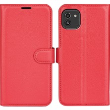 Seashell Digital Samsung Galaxy A03 Için (164.2 x 75.9 x 9.1mm) Litchi Doku Yumuşak Iç Tpu Kasası+Pu Deri Kapak Cüzdan Stand-Red (Yurt Dışından)