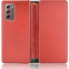 Seashell Digital Samsung Galaxy Z Fold2 Için 5g Şok Geçirmez Telefon Kasası Otomatik Emici Deri Karbon Fiber Flip Kapak Kart Yuvası-Kırmızı ile Kapak (Yurt Dışından)