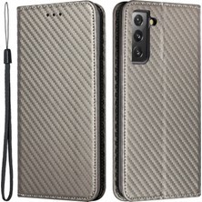 Seashell Digital Karbon Fiber Doku Otomatik Kapatma Mıknatıs Cüzdan Telefon Kabuğu Tam Koruma Deri Kılıf Samsung Galaxy S21+5G-GRE (Yurt Dışından)